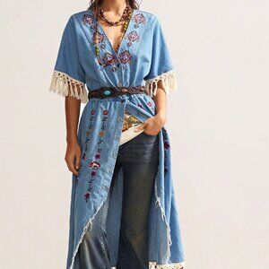Blue Western Boho Women's Embroidered Casual Dress